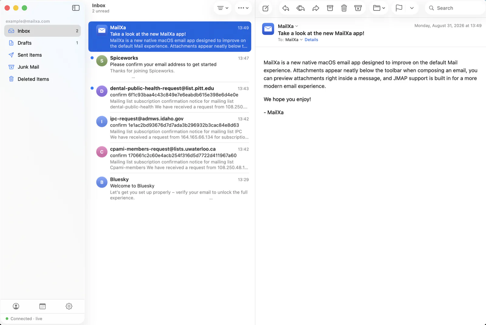 The MailXa main window on macOS: mailboxes on the left, the message list in the middle, and the open message on the right.